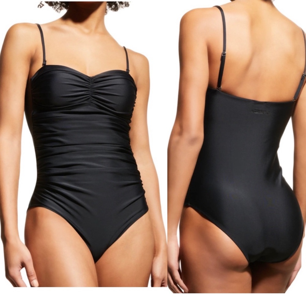 GANNI Recycled Solid Core One-Piece Swimsuit Ruched SZ‎ 42 US 10 / 12 Black NWOT